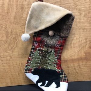 Gnome Stocking Christmas Winter Scene Bear Snowy Evergreens Plush Farmhouse